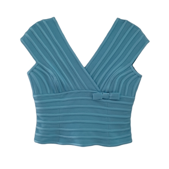 JS Collections Tops - JS Collections Turquoise Ribbed V Neck Bow Off The Shoulder